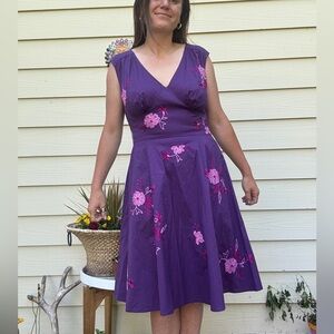eShakti Purple Dress with Pink floral embroidery